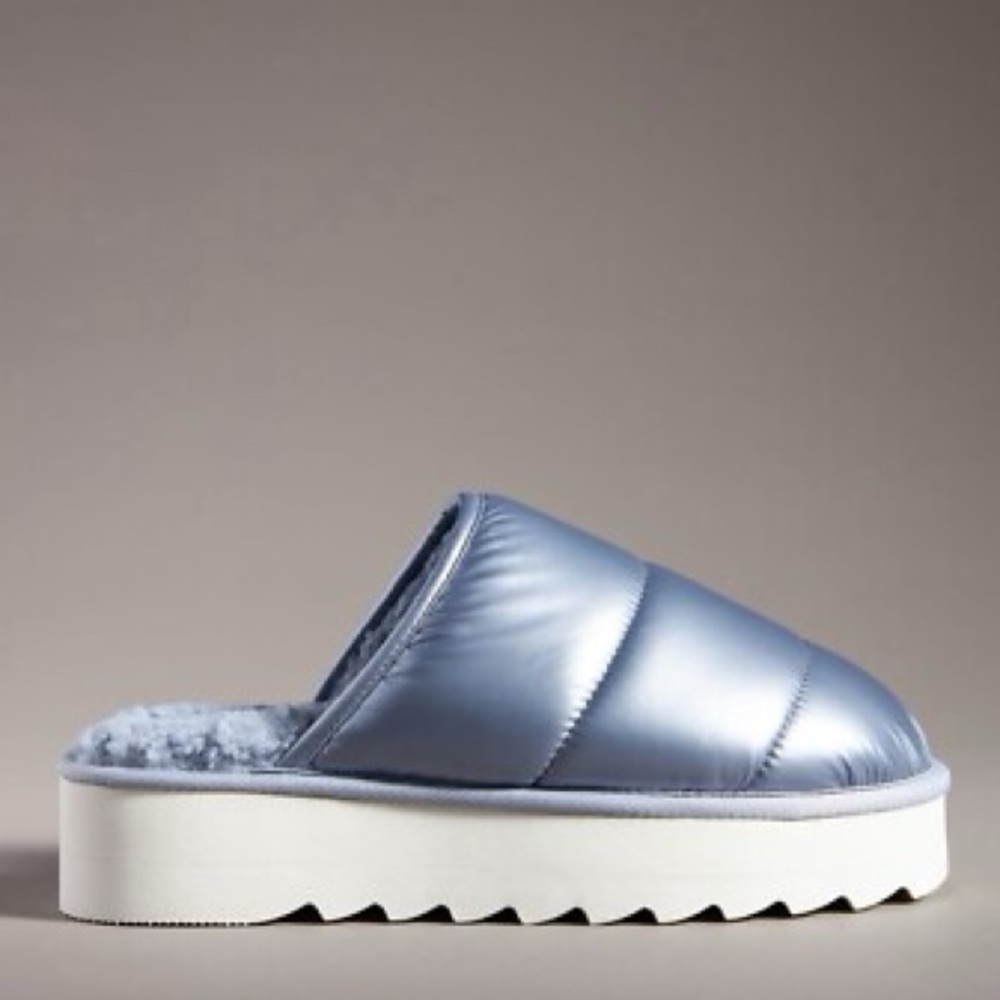Anthropologie Maeve Blue Metallic Puffy Platform Slides Slippers Size 8 9